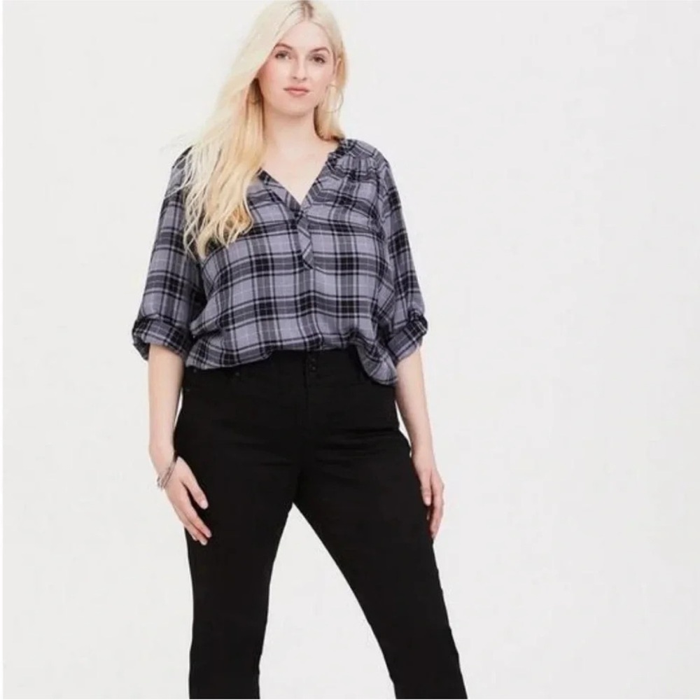Torrid Harper Blue Black Plaid V-Neck Pullover 2x Blouse FITS SMALL like 1x